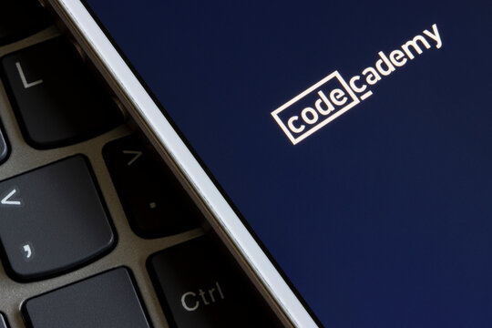 Portland, OR, USA - Mar 6, 2021: The Codecademy logo is seen on an iPhone when the Codecademy Go app is launched. Codecademy is an American online interactive platform that offers free coding classes.