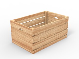 Wooden crate with blank paper label. 3d render illustration. 