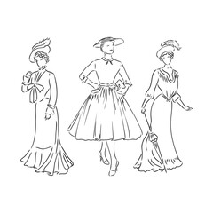 Fototapeta premium Antique dressed lady. Old fashion vector illustration. Victorian woman in historical dress. Vintage stylized drawing, retro woodcut style