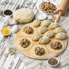 Homemade Food Preparation. Raw Meat filling on rolling dough circlesProcess of cooking dumplings. Top view. Ingredients and kitchen utensils to create delicious culinary masterpiece. Square format.