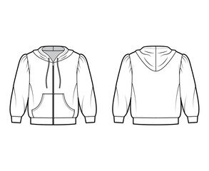 Zip-up Hoody sweatshirt technical fashion illustration with elbow sleeves, relax body, kangaroo pouch, banded hem, drawstring. Flat apparel template front, back, white color. Women, men, unisex mockup