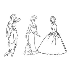 Antique dressed lady. Old fashion vector illustration. Victorian woman in historical dress. Vintage stylized drawing, retro woodcut style