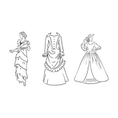 Fototapeta na wymiar Antique dressed lady. Old fashion vector illustration. Victorian woman in historical dress. Vintage stylized drawing, retro woodcut style