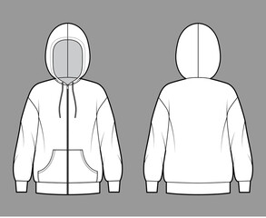 Zip-up Hoody sweatshirt technical fashion illustration with long sleeves, oversized body, kangaroo pouch, banded hem. Flat extra large template front, back, white color. Women, men, unisex CAD mockup