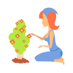 Woman gardener with a cart and flowers. Female character in a garden growing plants. Gardening together planting flowers in the garden. Farmer girl takes care of the plant.