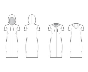 Set of Zip-up Hoody dresses technical fashion illustration with short sleeves, knee length, oversized body, Pencil fullness. Flat apparel template front, back, white color. Women men unisex CAD mockup