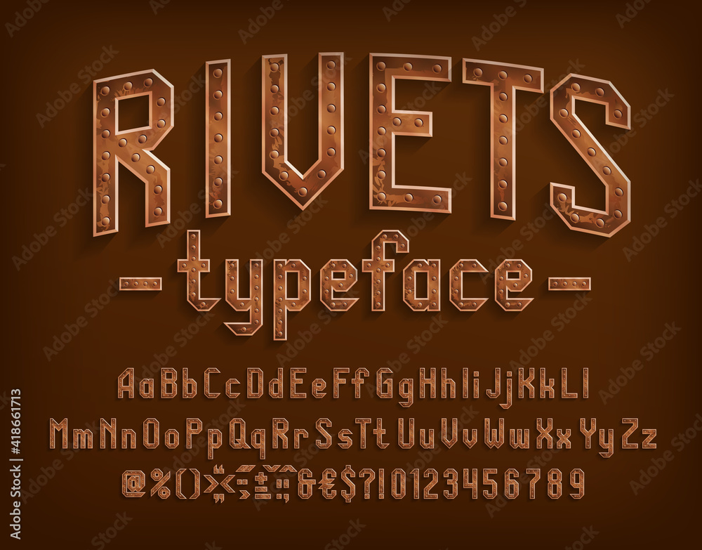 Fototapete rivets alphabet font. steampunk letters, numbers and punctuation. uppercase and lowercase. stock vec