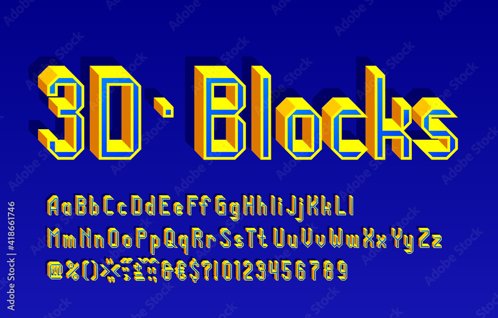 Poster 3d blocks alphabet font. geometric letters, numbers and punctuation. uppercase and lowercase. stock 