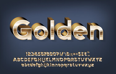 Golden alphabet font. 3d gold letters, numbers and punctuations with shadow. Uppercase and lowercase. Stock vector typescript for your typography design.
