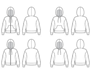 Set of Zip-up Hoody sweatshirt technical fashion illustration with long sleeves, oversized, kangaroo pouch, rib cuff, banded hem. Flat template front, back, white color. Women, men, unisex CAD mockup