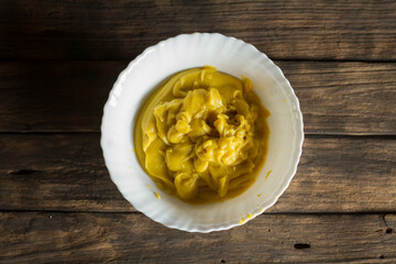 Custard of chinese cake on wooden table, top view.