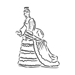 Antique dressed lady. Old fashion vector illustration. Victorian woman in historical dress. Vintage stylized drawing, retro woodcut style