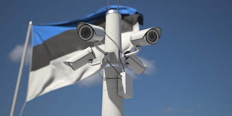 Naklejka na ściany i meble Security cameras near flag of Estonia, 3d rendering