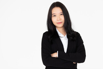 Portrait of cute long black hair Asian woman poses with friendly smile face and self-confident on white background