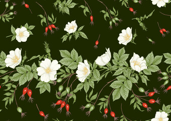 Obraz premium Rose hips with flowers and berries seamless pattern. Graphic drawing, engraving style. Vector illustration on black background