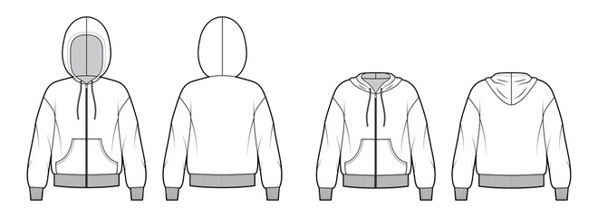 Set of Zip-up Hoody sweatshirt technical fashion illustration with elbow sleeves, relax body, kangaroo pouch, knit rib cuff. Flat template front, back, white color. Women, men, unisex CAD mockup