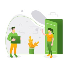 Contactless delivery concept illustration. Courier man in protective masks and gloves with box, safe distance, ordering online, covid-19, coronavirus. Flat vector illustration, isolated objects.