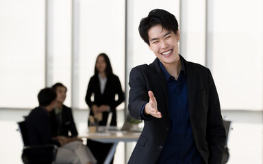 An executive look lgbtq tomboy woman in casual suit push hand to give for handshake with friendly smile face