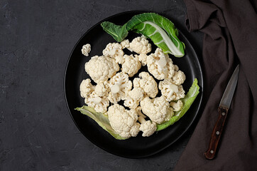 Cauliflower, on black background, horizontal, no people,