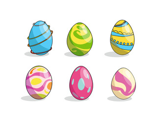 Vector illustrations. A set of Easter eggs with different patterns on a white background. Happy Easter celebration of spring concept.