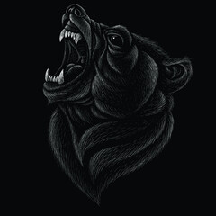 The Vector logo bear for T-shirt design or outwear.  Hunting style bear background. This drawing would be nice to make on the black fabric or canvas.