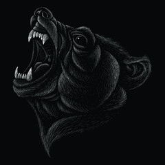 The Vector logo bear for T-shirt design or outwear.  Hunting style bear background. This drawing would be nice to make on the black fabric or canvas. - obrazy, fototapety, plakaty