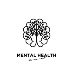 Mental health logo icon design with brain and leaf tree