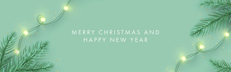 Merry Christmas and Happy New Year banner. Xmas background design with realistic pine tree branches and garland lights. Horizontal poster, greeting card, header for website in modern minimalist style