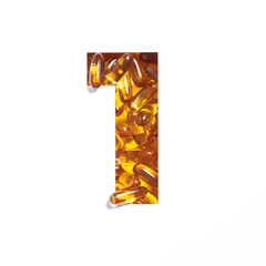 Omega supplement. Number one made of fish oil pills and paper cut in shape of first numeral isolated on white