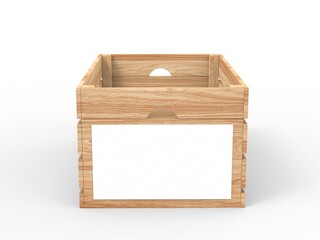 Wooden crate with blank paper label. 3d render illustration. 