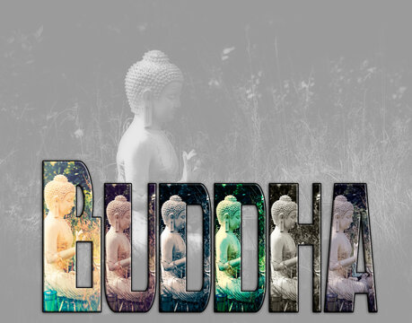Statue in the garden in black and white with the word 'Buddha' in color images on top of it. 