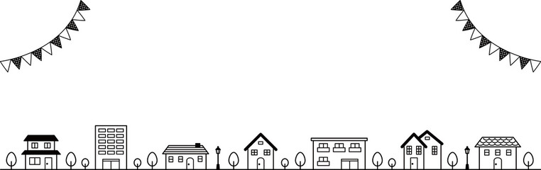 シンプルな街並みとガーランド（白黒）