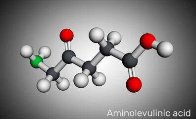 Aminolevulinic acid, δ-Aminolevulinic acid, dALA, δ-ALA, 5ALA molecule. It is an endogenous non-proteinogenic amino acid. Molecular model. 3D rendering