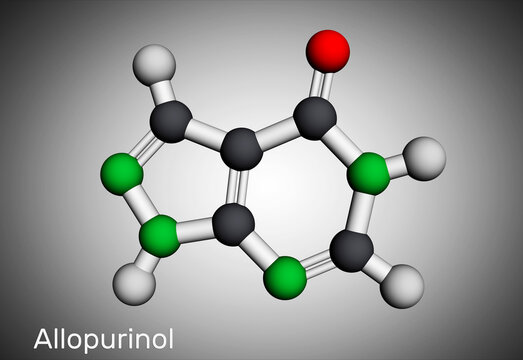 Allopurinol molecule. Drug is xanthine oxidase inhibitor, used to decrease high blood uric acid levels. Molecular model. 3D rendering
