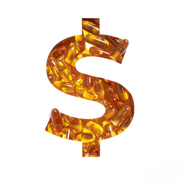 Omega Supplement. Dollar Money Sign Made Of Fish Oil Pills And Cut Paper Isolated On White. Golden Capsules For Health