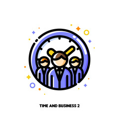 Icon of three business persons on a background of clock for teams work time efficiency concept. Flat filled outline style. Pixel perfect 64x64. Editable stroke