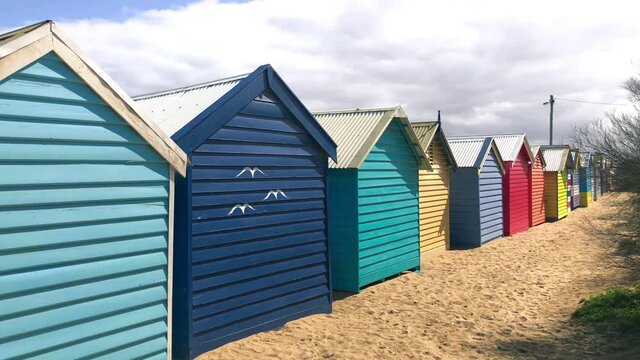 Panoramic view of famous colorful huts on the beach, Brighton Beach, Australia