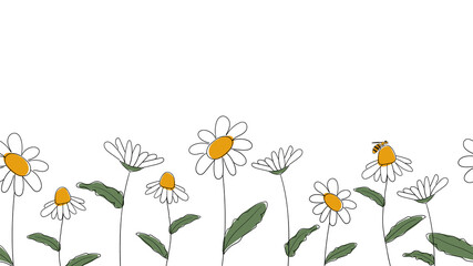 Seamless border of daisies hand drawn in simplified children cartoon naive style on white background.Cute bee sitting on flower.For design of website or shop for spring or summer.Raster illustration