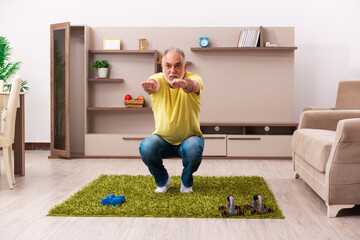Aged man doing sport exercises at home