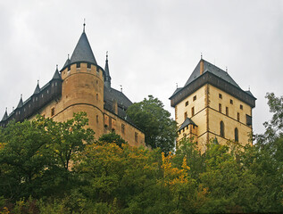View of the Karlštejn castle from the foot of the mountain.