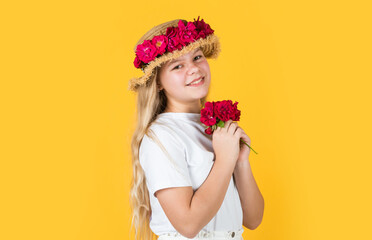 lovely day. girl with rose flowers. girl with flower arrangement. happy teen girl