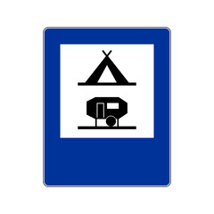 Campsite road sign. Vector illustration of blue traffic sign with tent and caravan icon inside. Caravan motorhome parking symbol on blue board isolated on white background. Travel, tourism concept.