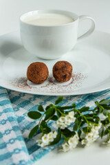 truffles with cocoa, coconut and sesame with chocolate and marshmallows and a cup of fresh milk, delicious dessert