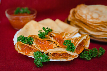 Delicious homemade pancakes with filling for the Maslenitsa holiday