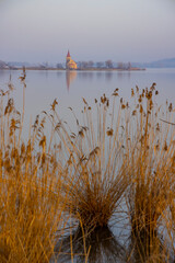 Lake Musov with Church of St. Linhart in Musov, Southern Bohemia, Czech Republic
