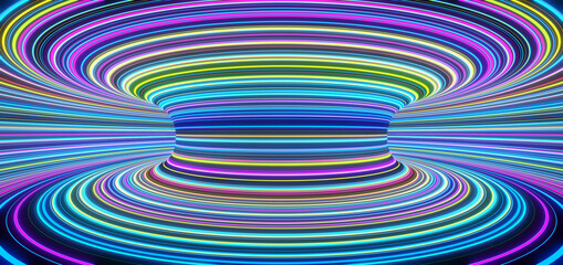 Abstract self-luminous colored lines rotate inside the tunnel of the circle. 3d