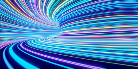 Abstract self-luminous colored  lines move fast in the tunnel. 3d