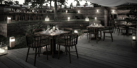 Inside Garden Pub & Restaurant - panoramic black and white 3d visualization