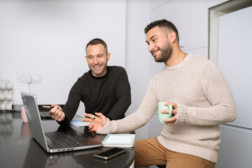 Gay couple working together at home with their laptops.