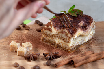 eating process a piece of delicious tiramisu, perfect dessert. Star anise and cane sugar complete the composition